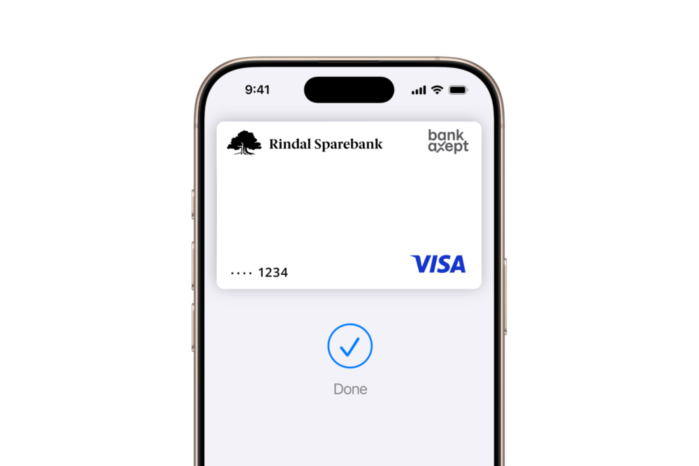 IPhone viser et digitalt betalingskort med bekreftelse 'Done'.